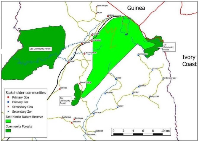 Map : East Nimba Nature Reserve (light green) and surrounding Community Forest (dark green)